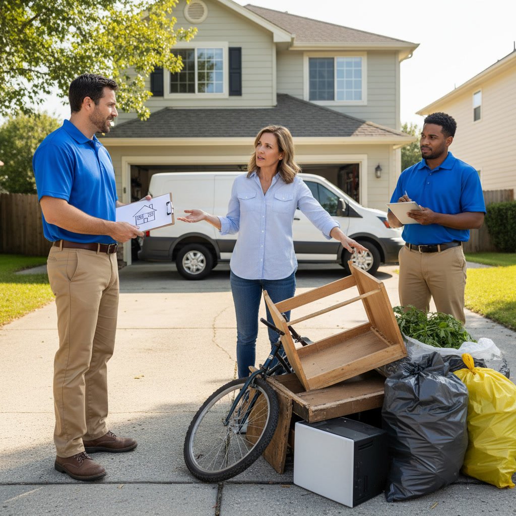 Professional junk removal team loading furniture and household items into truck