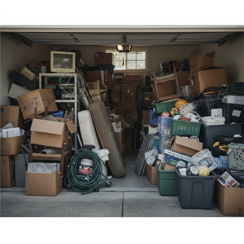 Overflowing garage and storage spaces filled with old furniture and boxes