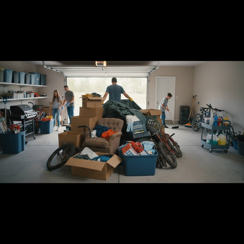 Organized junk removal items ready for pickup in residential garage