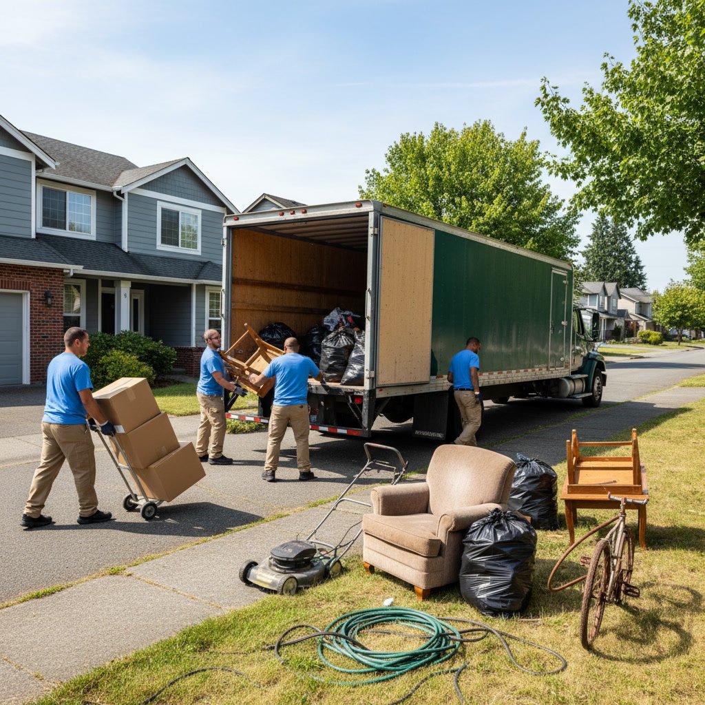 Residential junk removal crew carrying furniture down stairs during home cleanout