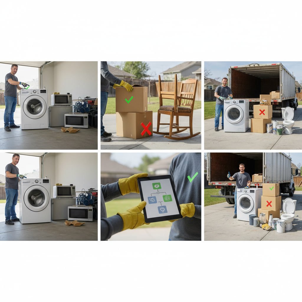 junk removal crew loading appliances and furniture for responsible disposal