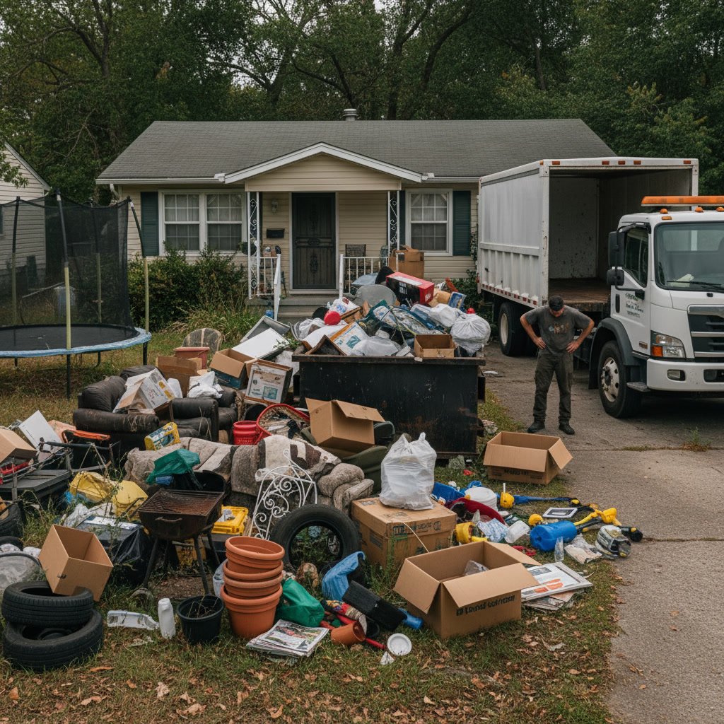 Professional junk removal team clearing cluttered garage in residential home