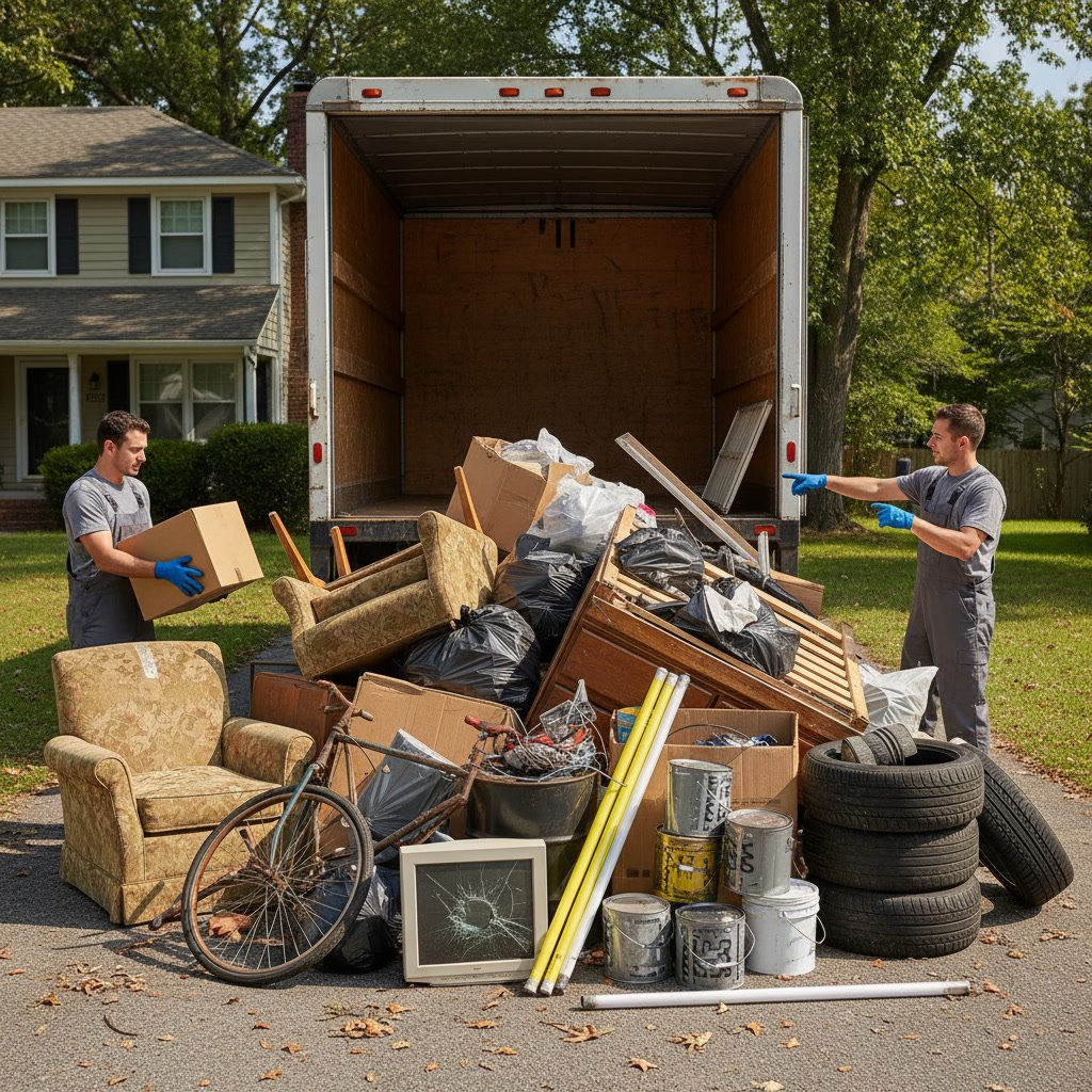 professional junk removal team loading household items into truck