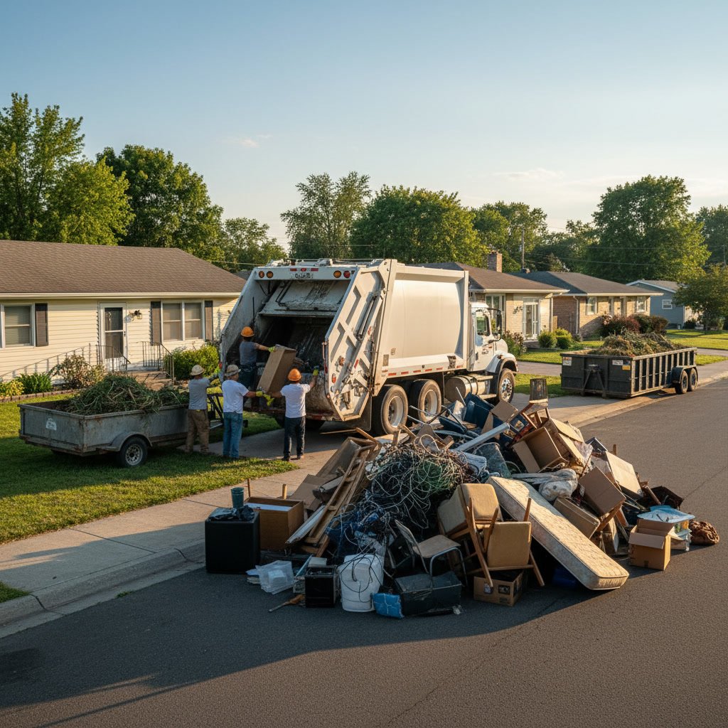 Professional junk removal crew loading household items during residential cleanout service