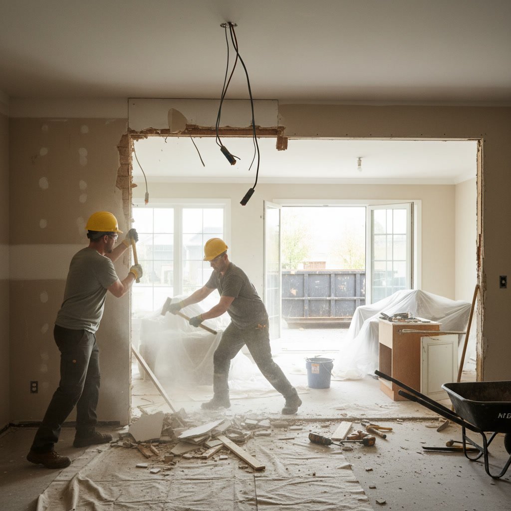 Property preparation checklist for light demolition project with tools and protective materials