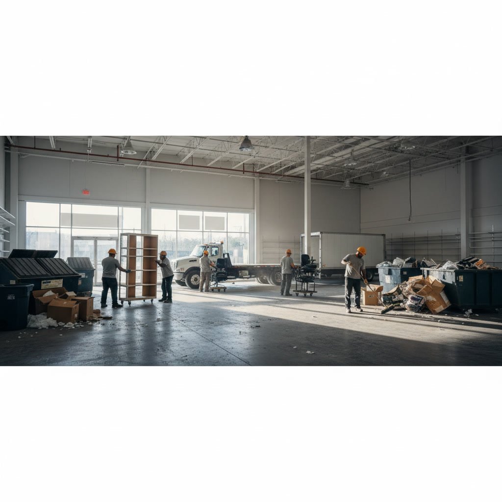 warehouse cleanout with construction debris and old equipment being loaded