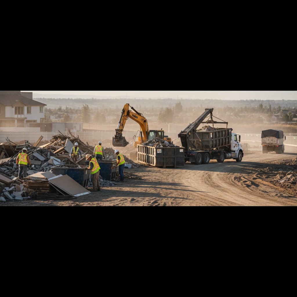 Workers sorting construction debris into categories for recycling and disposal