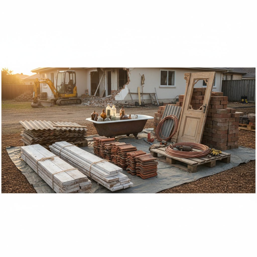 Organized demolition debris and salvaged materials ready for removal