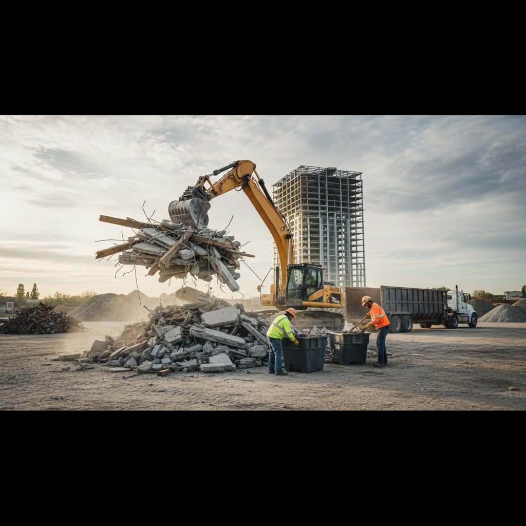 Construction debris removal team clearing materials from active job site