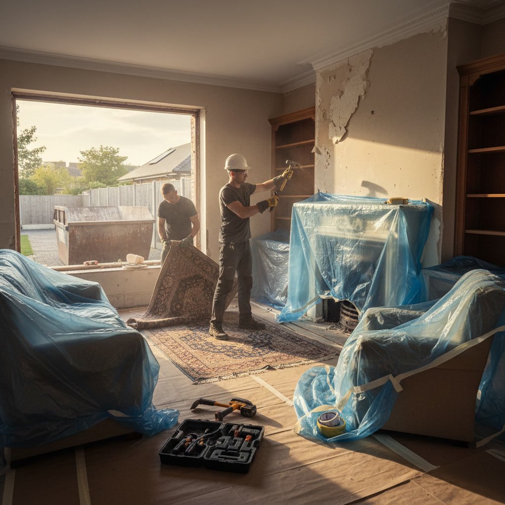 Professional light demolition preparation with cleared work area and protective barriers in residential proper